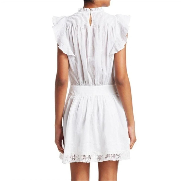 Frame White Pintucked Mini Dress M Ruffle High Neck Frilly Beach Wedding Short - Picture 2 of 8
